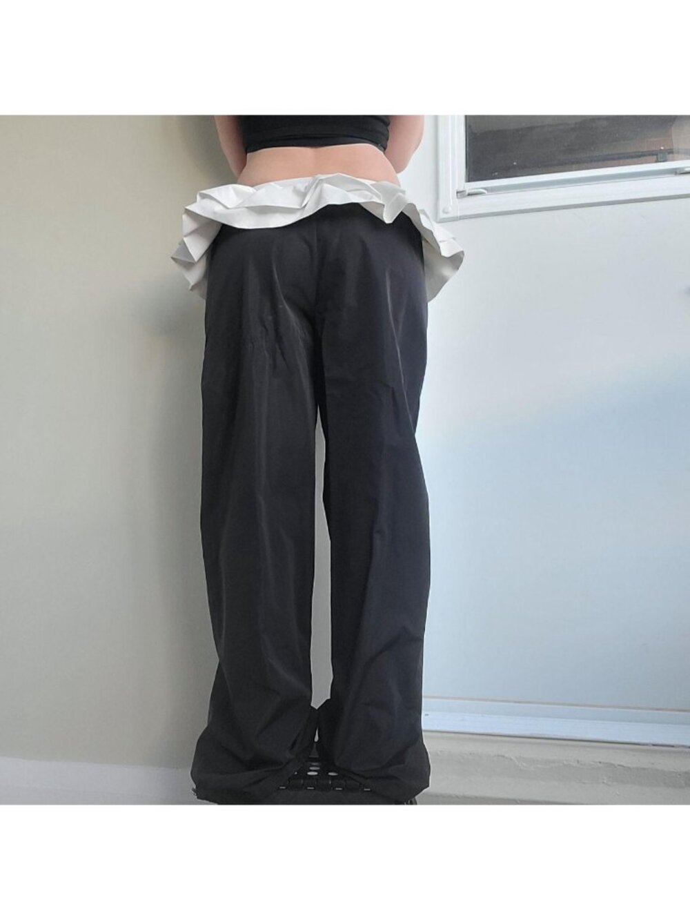 Self Syntex Black Lace Layered Drawstring Goth Parachute Pants (M) - Picture 3 of 3